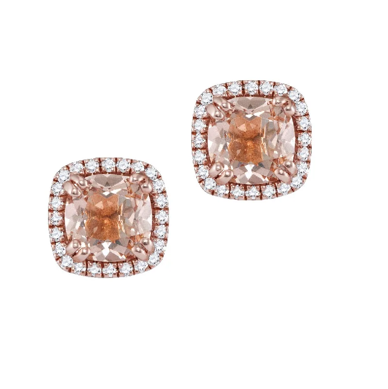 polished gold arc earrings-6MM Cushion Morganite and Diamond Halo Stud Earrings in 14KT Rose Gold