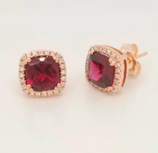 vintage-style emerald earrings-6MM Cushion Rhodolite Garnet and Diamond Halo Stud Earrings in 14KT Rose Gold