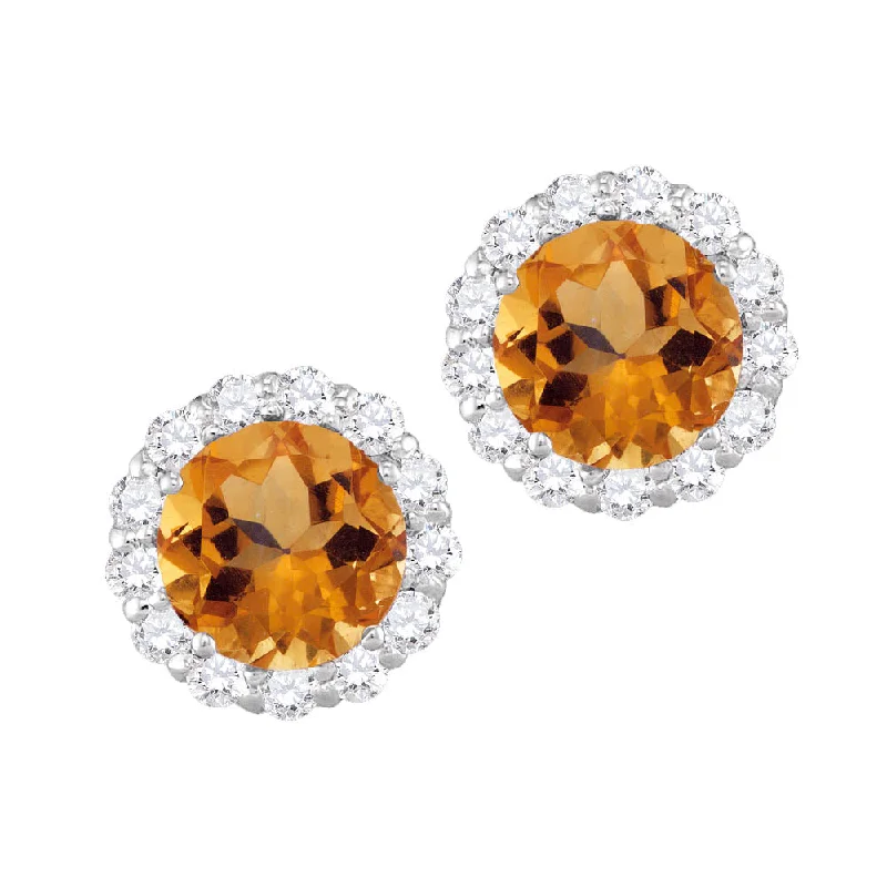 floral-inspired aventurine earrings-6MM Round Citrine and White Sapphire Birthstone Halo Stud Earrings in 10KT White Gold