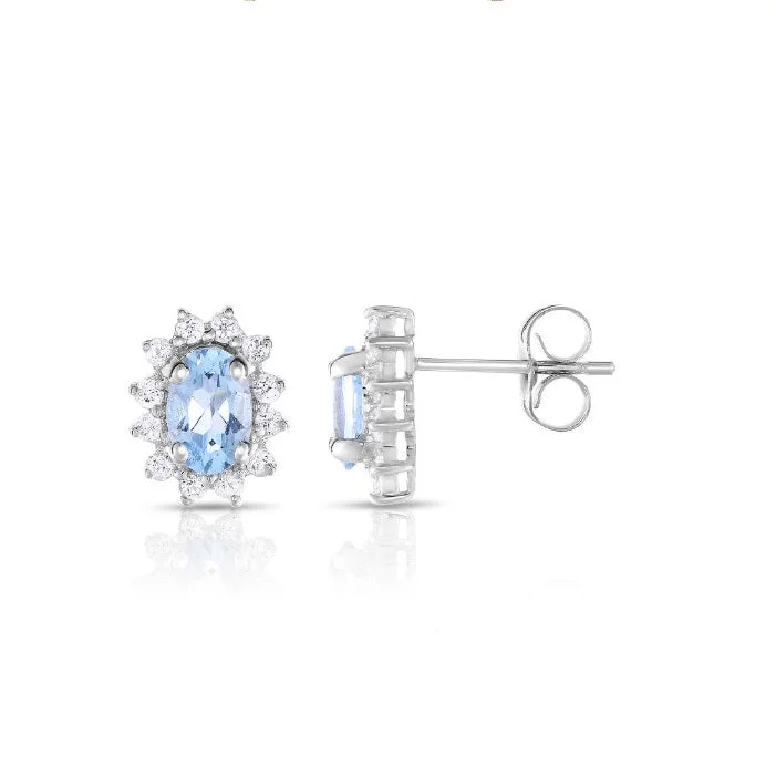 minimalist crest summit earrings-6X4MM Oval Aquamarine and White Topaz Halo Earrings in 10KT White Gold