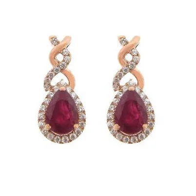 bohemian glyph earrings-6X4MM Pear Ruby and Diamond Stud Twist Earrings in 10KT Rose Gold