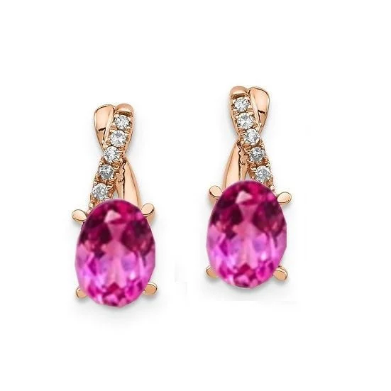 elegant filigree turquoise earrings-7X5MM Oval Pink Sapphire and Diamond Birthstone Earrings in 10KT Rose Gold