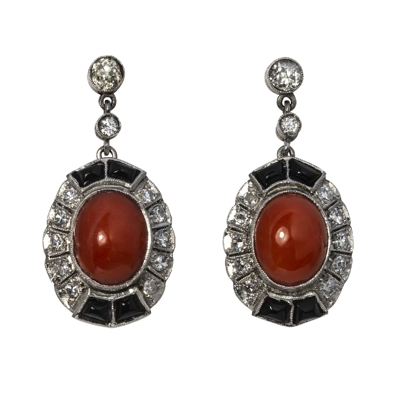 nature-themed cedar earrings-Art Deco Coral, Onyx & Diamond Platinum Drop Earrings