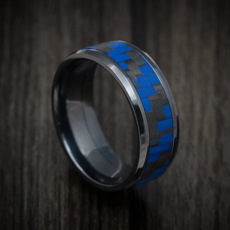 vintage-style malachite ring-Black Titanium and Blue Carbon Fiber Mens Band