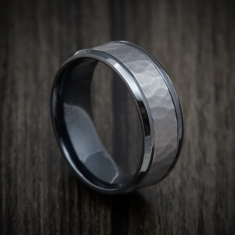 nature-themed apex ridge ring-Black Titanium and Hammered Tantalum Custom Mens Ring