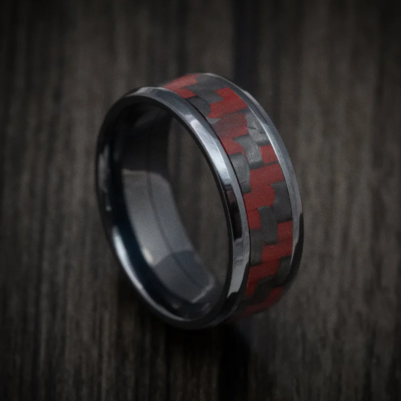 raw aventurine statement ring-Black Titanium and Red Carbon Fiber Mens Ring