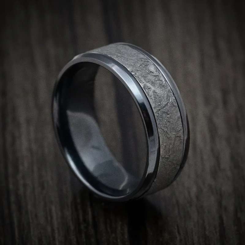 minimalist slope peak ring-Black Titanium and Splatter Finish Tantalum Custom Mens Ring