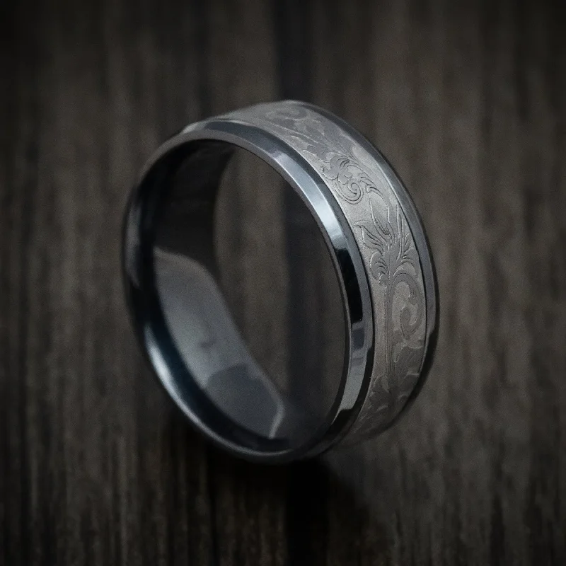 adjustable ridge peak ring-Black Titanium and Tantalum Mens Ring with Vintage Floral Design