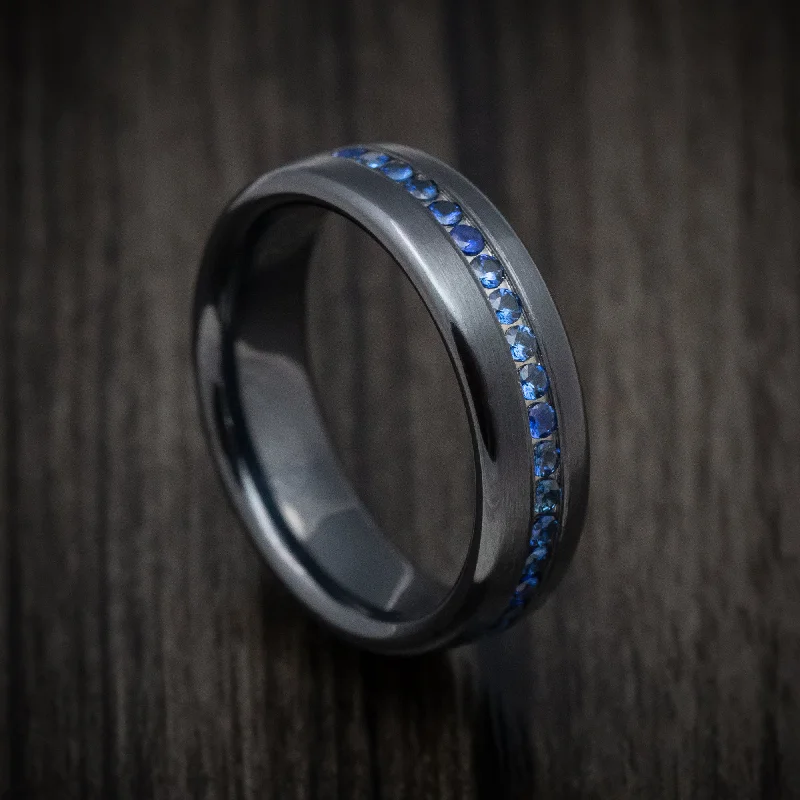 artisan-crafted agate ring-Black Titanium Band with Sapphires Mens Band