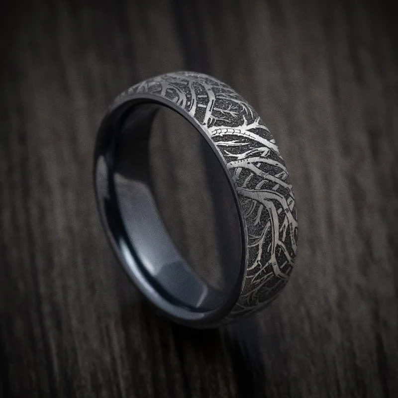 minimalist crest summit ring-Black Titanium Forest Trees Mens Band