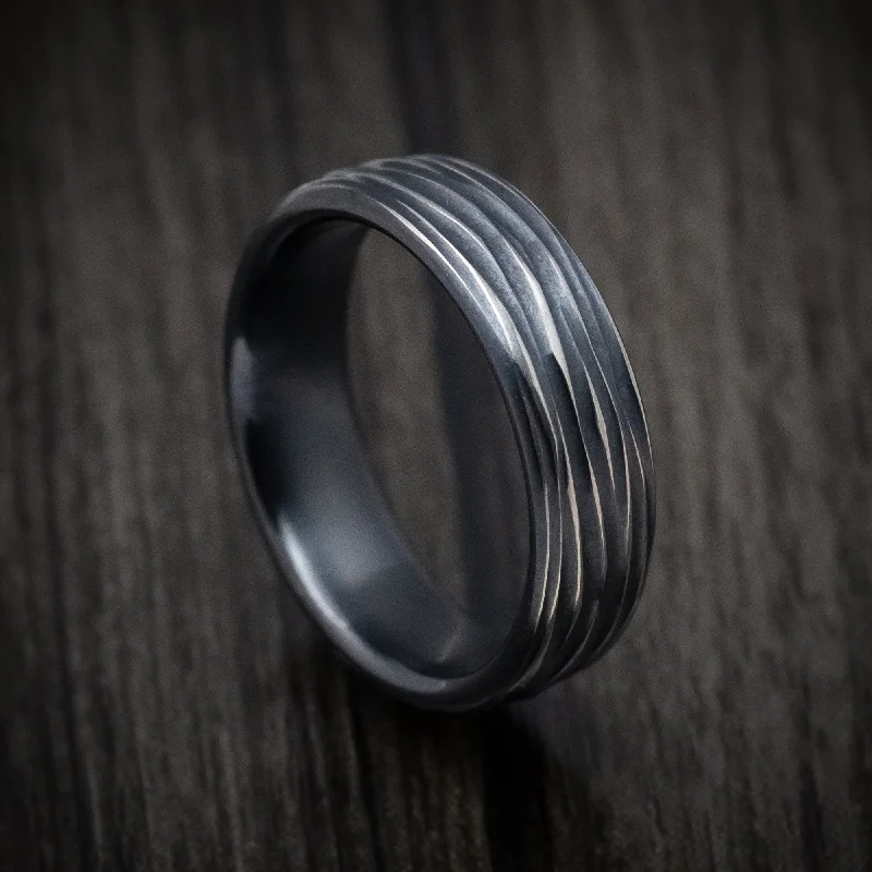 adjustable steel curve ring-Black Titanium Mens Band with Tree Bark Finish