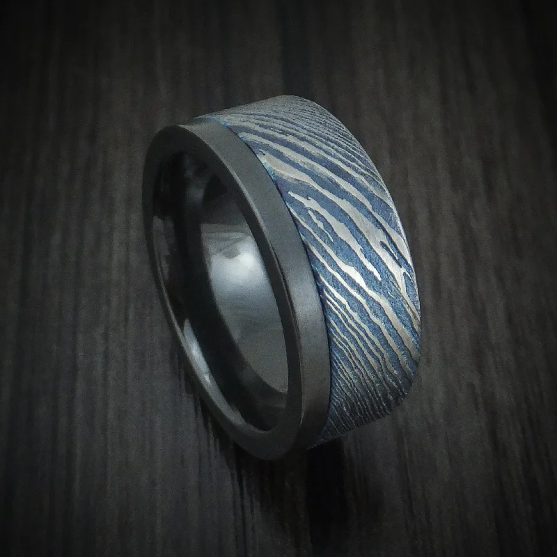 artisan-crafted agate ring-Black Zirconium and Kuro-Ti Twisted Titanium Etched and Heat-Treated Men's Ring Custom Made Band