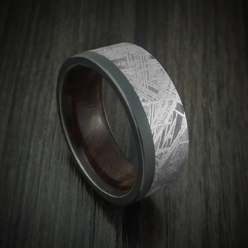 inscribed eternity ring-Black Zirconium and Meteorite Men's Ring with Hardwood Sleeve Custom Made Band