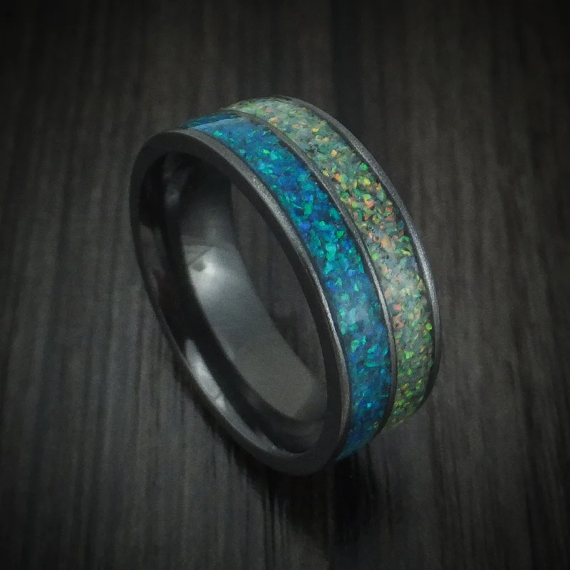 bold sapphire peak ridge ring-Black Zirconium And Opal Men's Ring Custom Made Band