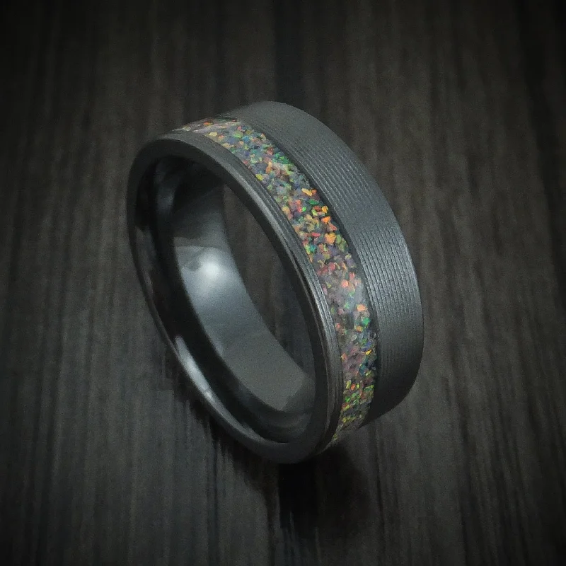 gothic-inspired scorpion tail ring-Black Zirconium and Opal Men's Ring Custom Made Band