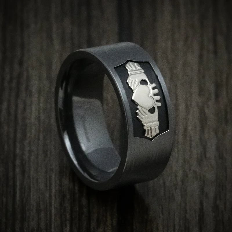 gothic-inspired panther claw ring-Black Zirconium Celtic Claddagh Men's Ring with Cerakote Custom Made