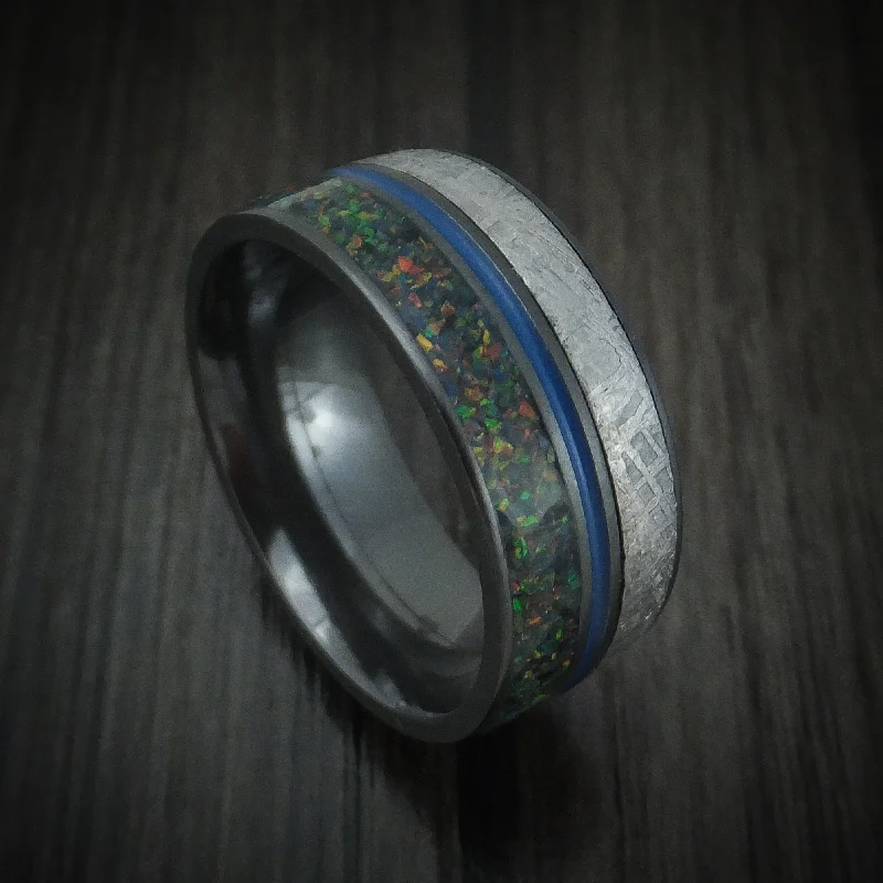 nature-themed twig ridge ring-Black Zirconium Gibeon Meteorite and Opal Men's Ring with Cerakote Custom Made Band