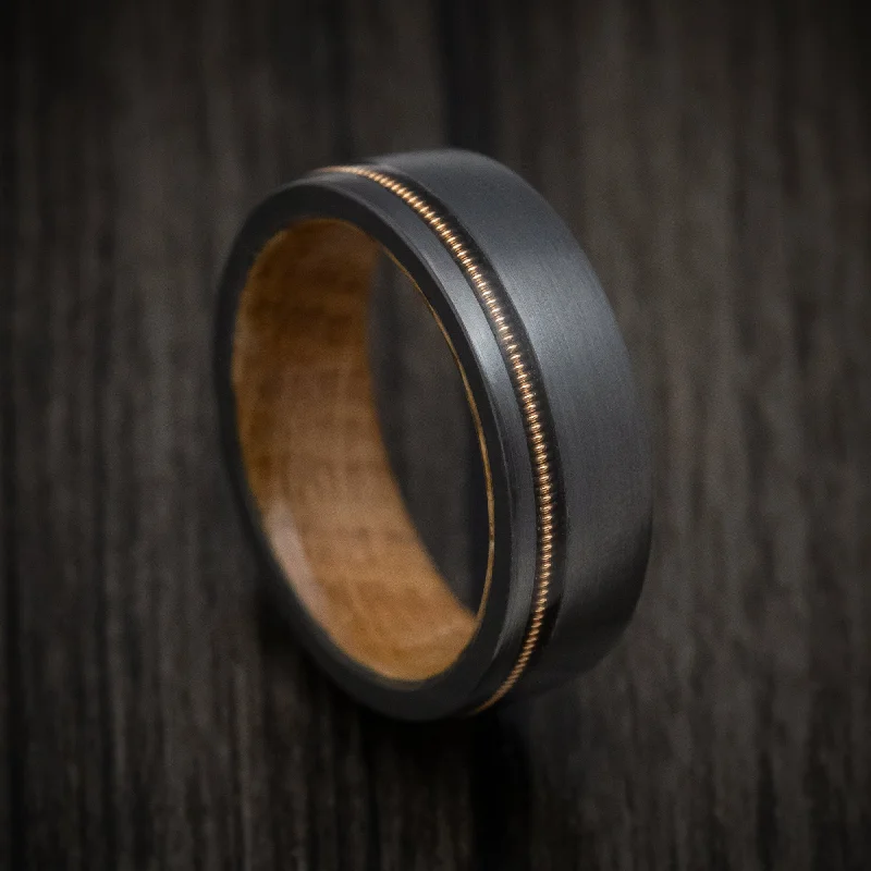 floral-inspired malachite ring-Black Zirconium Guitar String Men's Ring With Whiskey Barrel Hardwood Sleeve Custom Made Band