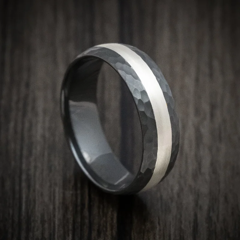 raw agate accent ring-Black Zirconium Hammered Men's Ring with Palladium Silver Inlay