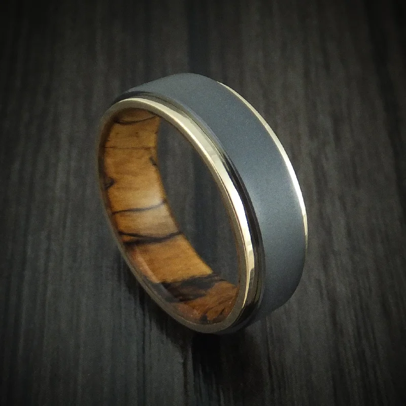 bold sunstone cluster ring-Black Zirconium Men's Ring with 14K Gold Edges and Wood Sleeve Custom Made