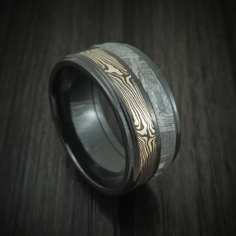 modern sleek apex peak ring-Black Zirconium Men's Ring with Mokume Gane and Gibeon Meteorite