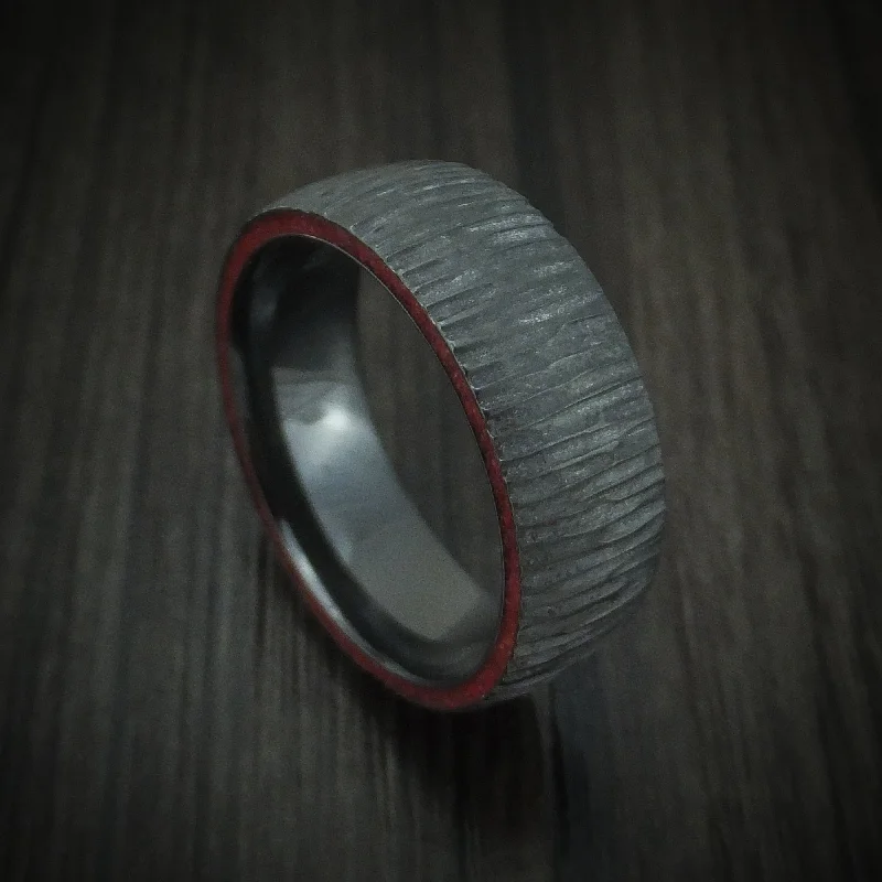 distressed rose eternity ring-Black Zirconium Tree Bark Finish Men's Ring with Edge Stone Inlays