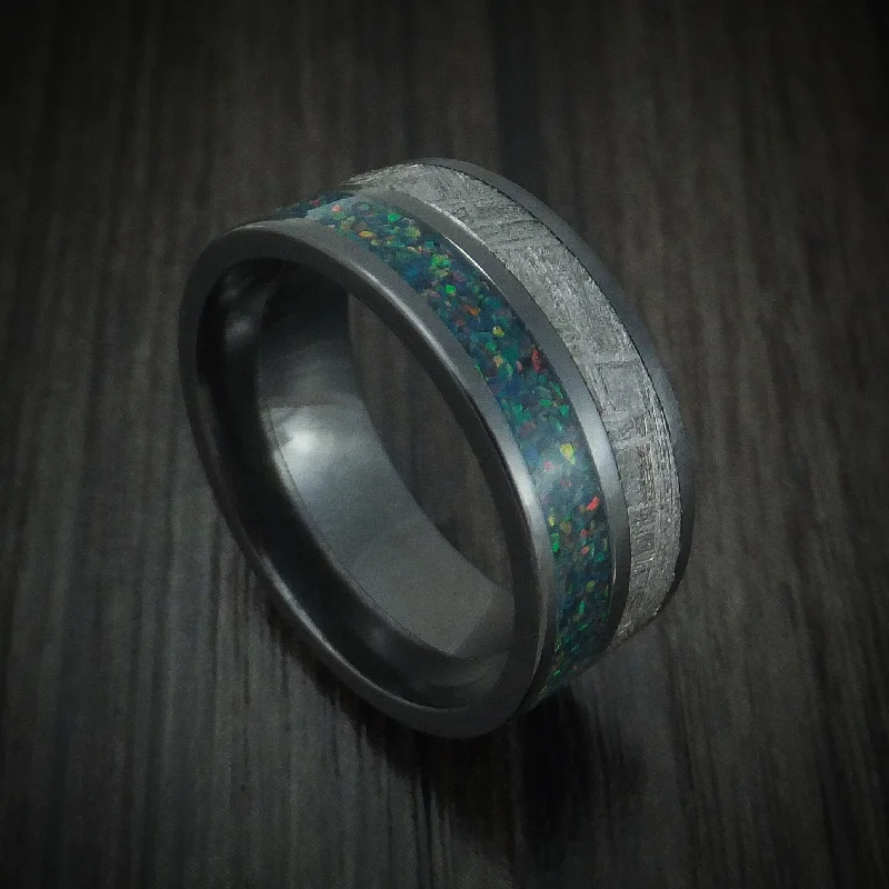 polished rose arc ring-Black Zirconium with Gibeon Meteorite and Opal Men's Ring Custom Made Band