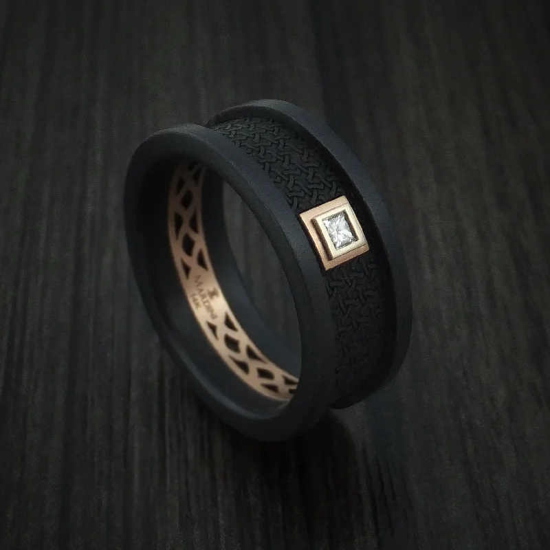 floral-inspired malachite ring-Carbon Fiber and 14K Rose Gold Band with Diamond Custom Made Men's Ring