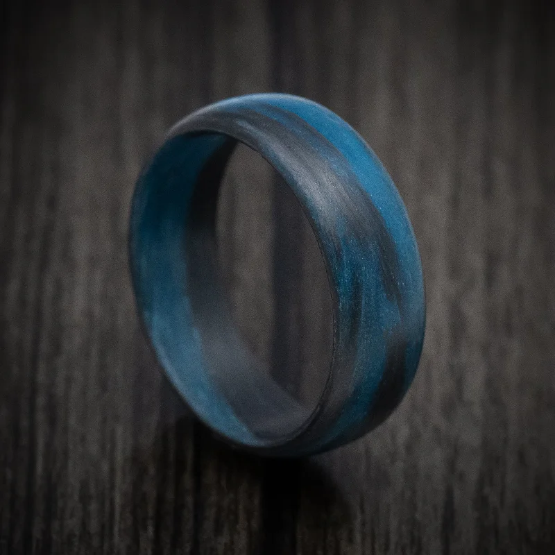 polished gold tier ring-Carbon Fiber Men's Ring with Blue Glow Marbled Design