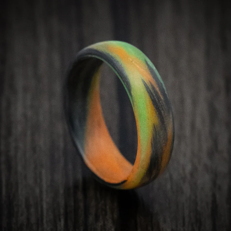 art deco malachite ring-Carbon Fiber Men's Ring with Orange and Green Glow Marbled Design