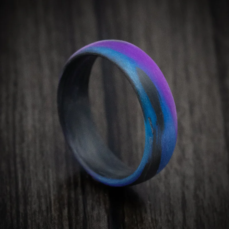 gothic-inspired panther claw ring-Carbon Fiber Men's Ring with Purple and Blue Glow Marbled Design