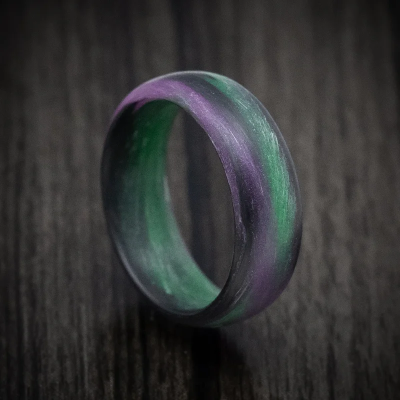 distressed rose stack ring-Carbon Fiber Men's Ring with Purple and Green Glow Marbled Design