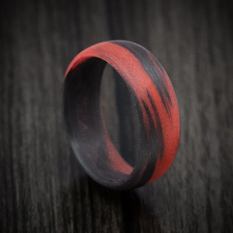 bold ruby peak ridge ring-Carbon Fiber Men's Ring with Red Glow Marbled Design