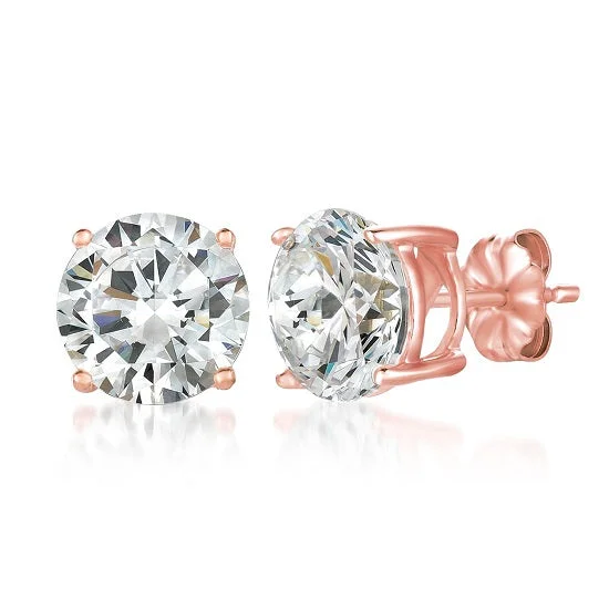 polished silver nebula earrings-Crislu 18KT Rose Gold Plated Sterling Silver Round Cubic Zirconia Solitaire Stud Earrings