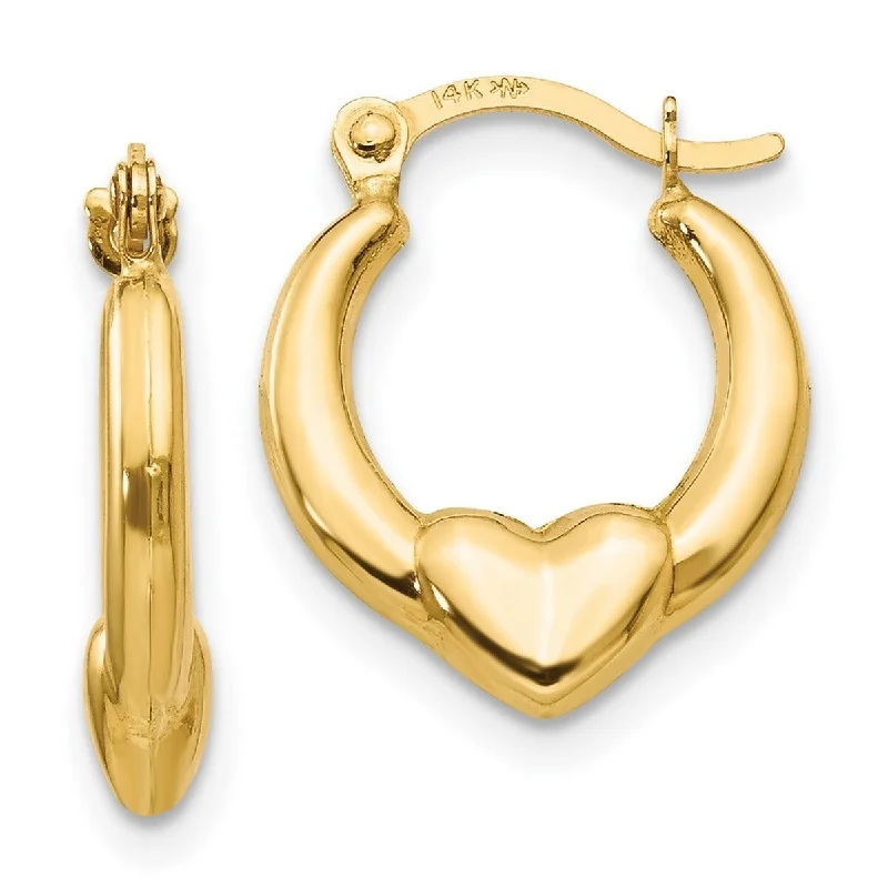 nature-themed cedar earrings-Curata 14k Yellow Gold Love Heart Hoop Earrings - 15x3mm