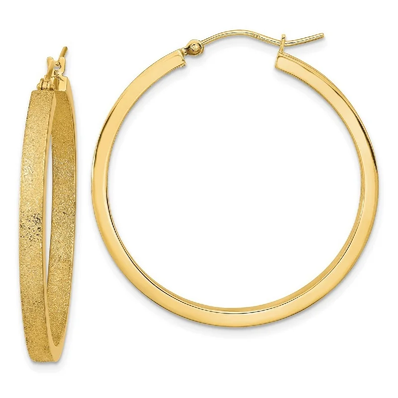 floral-inspired aventurine earrings-Curata 14k Yellow Gold Polished and Brushed 37.73x3mm Hoop Earrings