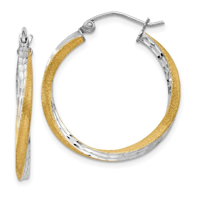 bold sunstone cluster earrings-Curata 14k Yellow Gold White Rhodium Satin 2.5x25mm Twisted Hoop Earrings