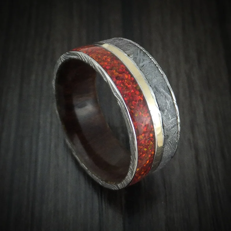 rustic sunstone inlay ring-Damascus Steel Hardwood and Meteorite Men's Ring with Opal and Gold Custom Made Band