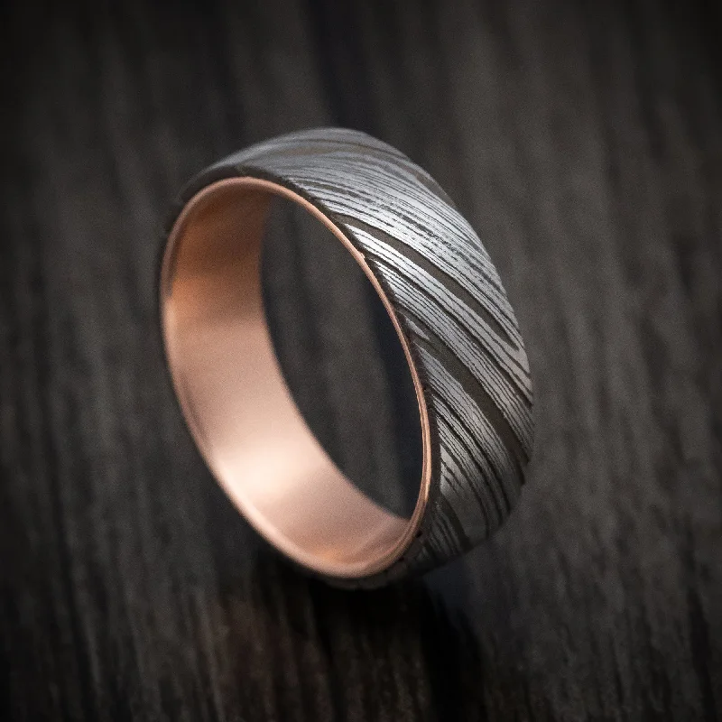 vintage-style carnelian ring-Damascus Steel Mens Ring with 14K Rose Gold Sleeve