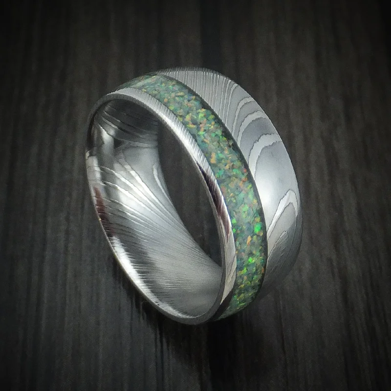 minimalist crest peak ring-Damascus Steel Opal Men's Ring Custom Made Band