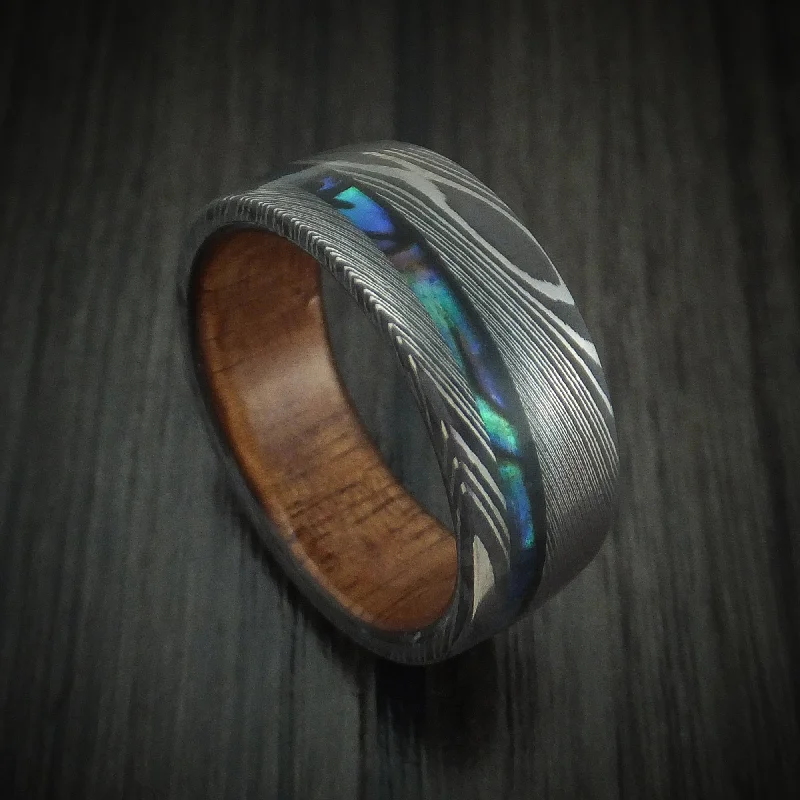 modern sleek crest ridge ring-Damascus Steel Men's Ring with Abalone and Wood Sleeve Custom Made