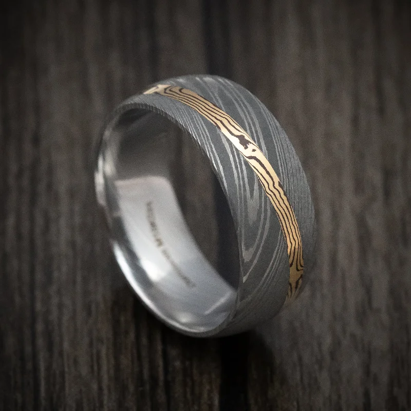 modern sleek summit crest ring-Damascus Steel Men's Ring With Diagonal Mokume Shakudo Inlay Custom Made