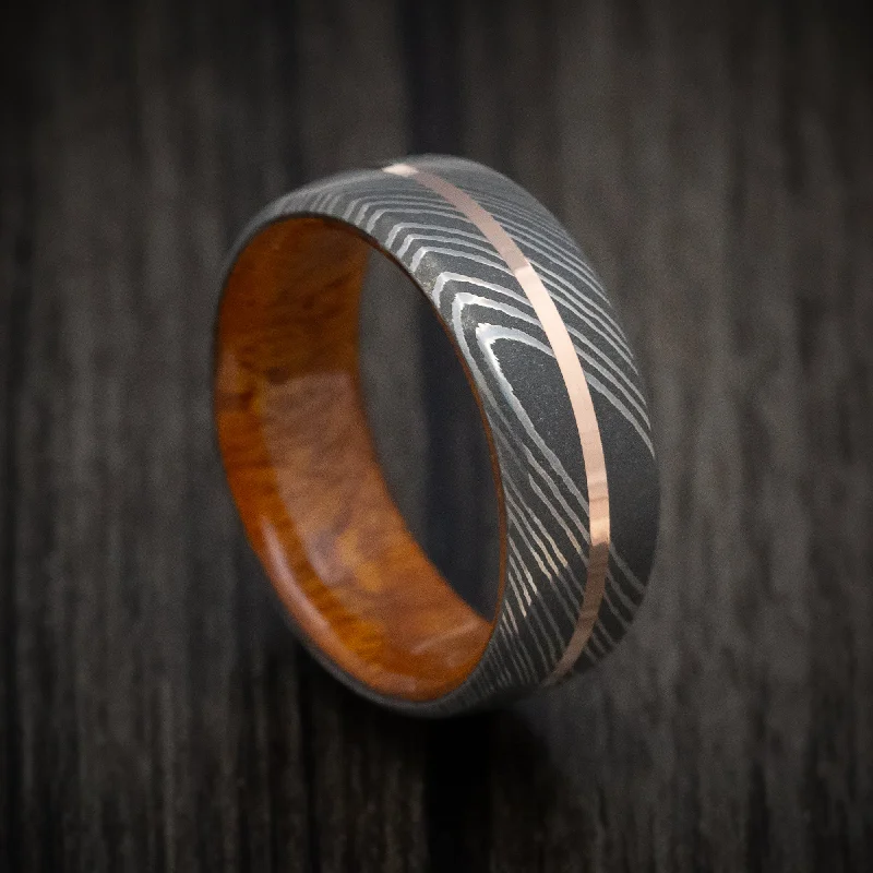 polished silver arc ring-Damascus Steel Men's Ring with Gold Inlay and Wood Sleeve