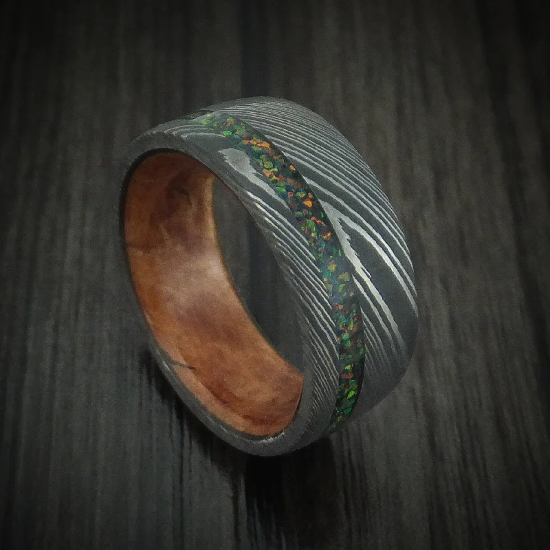 raw agate cluster ring-Damascus Steel Men's Ring with Opal Inlay and Wood Sleeve Custom Band