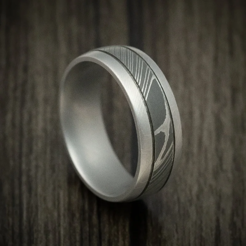 polished silver tier ring-Damascus Steel Two-Tone Men's Ring Wedding Band Genuine Craftsmanship