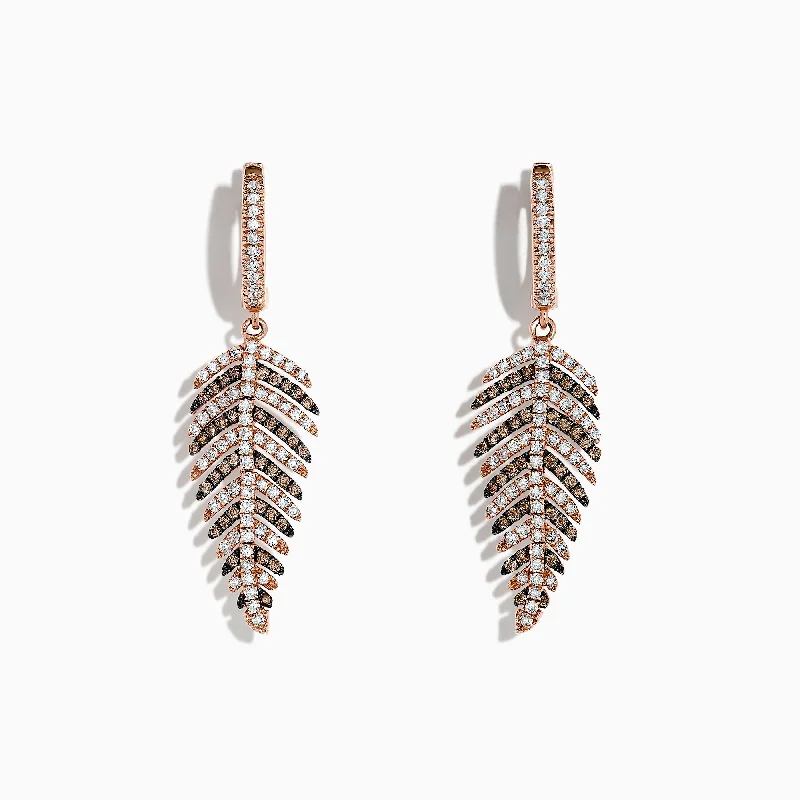 gothic-inspired spider claw earrings-14K Rose Gold Espresso & White Diamond Leaf Earrings, 1.05 TCW