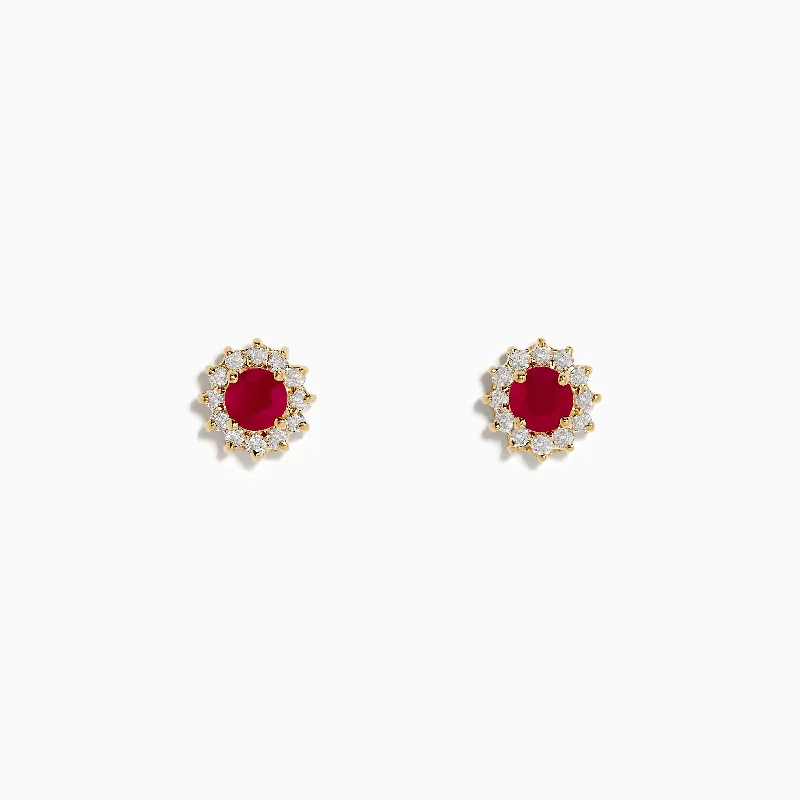 bohemian summit peak earrings-Ruby Royal 14K Yellow Gold Round Diamond Halo Ruby Stud Earrings, 0.89 TCW