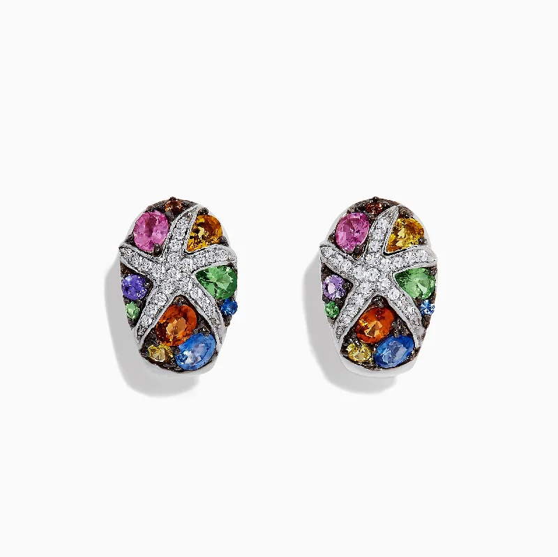 minimalist ridge peak earrings-Watercolors 14K White Gold Multi Sapphire & Diamond Earrings, 3.01 TCW