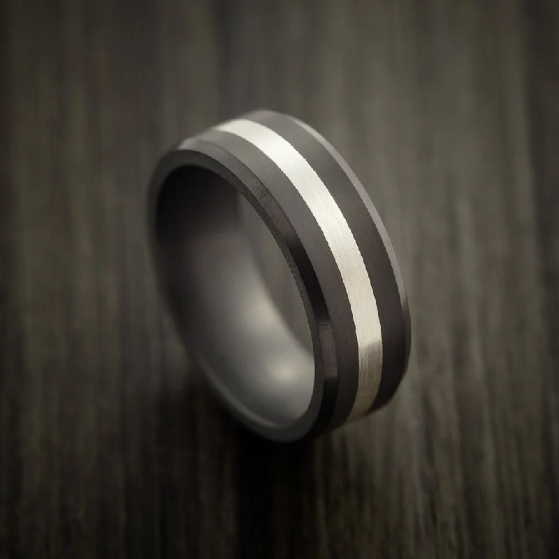 modern elevated band ring-Elysium Black Diamond Wedding Men's Band Beveled With Matte Finish With A Platinum Inlay