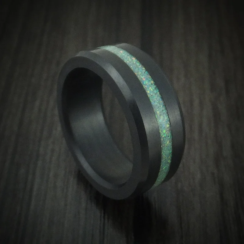 bold topaz peak ridge ring-Elysium Black Diamond Wedding Men's Band Beveled With Polish Finish And An Opal Inlay